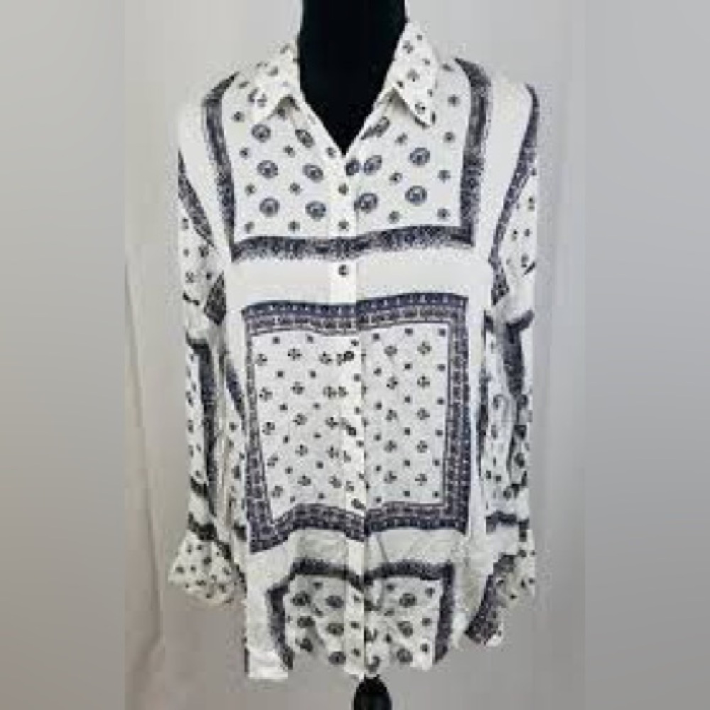 Free People Little Secret Printed Button Front Blouse - White/Navy - Picture 7 of 7